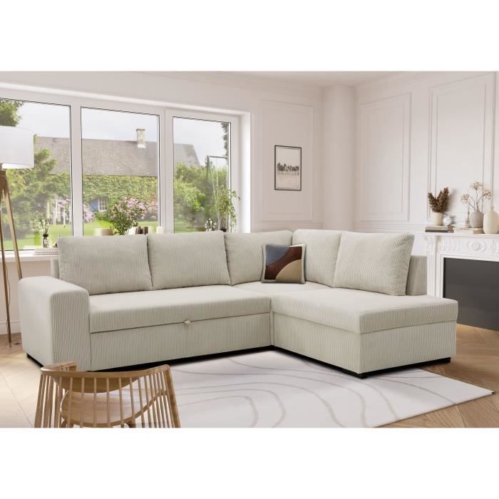 Sofá-cama de canto reversível NIRVANA, 4/5 lugares - Veludo cotelê bege - Compartimento de armazenamento - L247 x P183 x A87cm