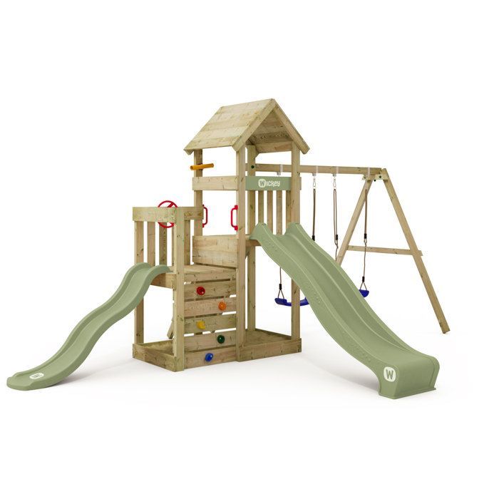 Zona de juegos WICKEY SkyFlyer: 2 plataformas, 2 toboganes verde pastel y un columpio. Garantía de 10 años*. Para hermanos.