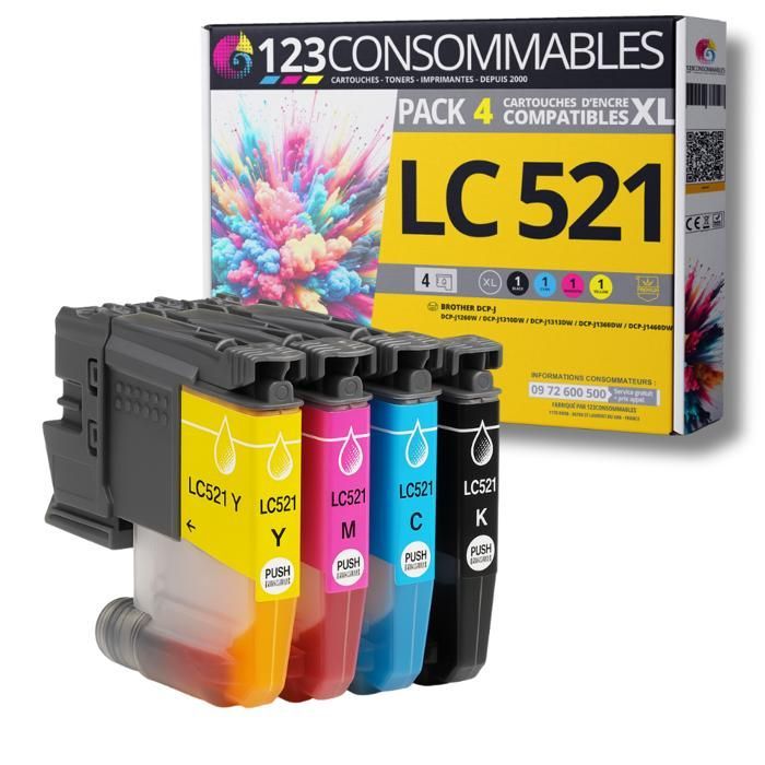 123CONSOMMABLES - LC521 - Paquete de 4 cartuchos de tinta compatibles Brother LC-521 para Brother DCP-J1260W, DCP-J1310DW…