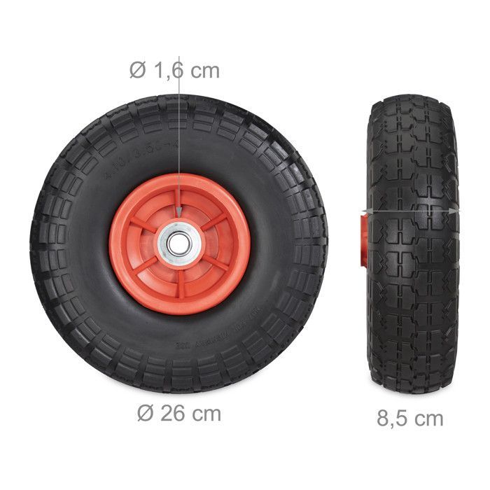 Relaxdays Sackkarren-Radsatz, 2er-Set, Gummi, 260x85, 16 mm, 4,1/3,5-4 Achse, 150 kg, Schwarz/Rot