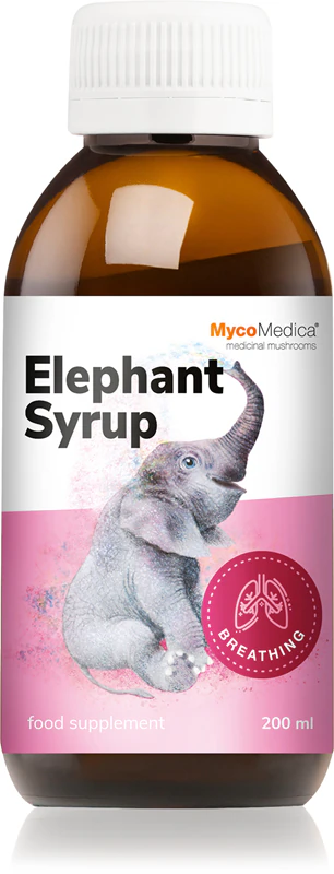 Xarope MycoMedica Elephant, suplemento alimentar em xarope com extratos de cogumelos medicinais.