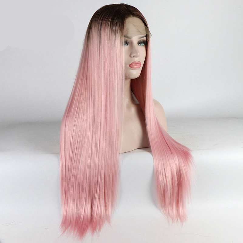 Pelucas de encaje frontal de seda lisas para mujer, negras y rosas, de cabello sintético, con línea de cabello natural, pelucas para cosplay.