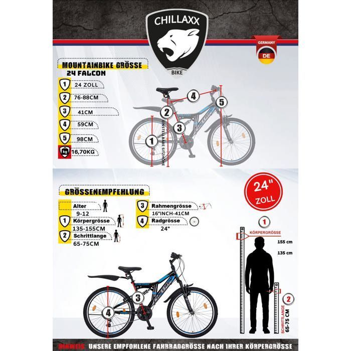 Vélo VTT - CHILLAXX Falcon - 24 pouces - 21 vitesses - Noir-vert citron - frein en V