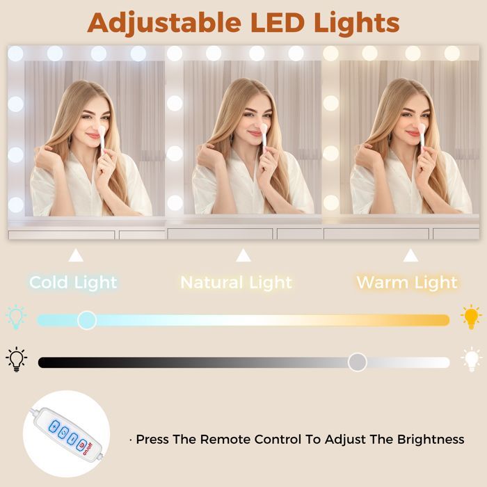 Grande Coiffeuse 150 × 40 × 140cm, avec Miroir LED, 2 Prises et 2 Ports USB, 10 Tiroirs de Rangement, Blanc, Adulte et Enfant
