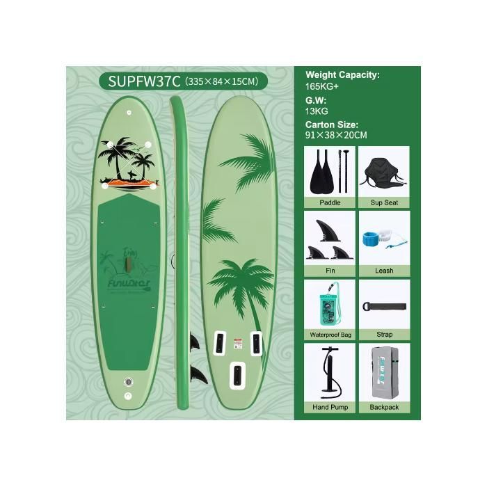 Tavola da paddle gonfiabile antiscivolo FunWater, per sport acquatici, SUP ultraleggera, in EVA antiscivolo, 335x83x15 cm