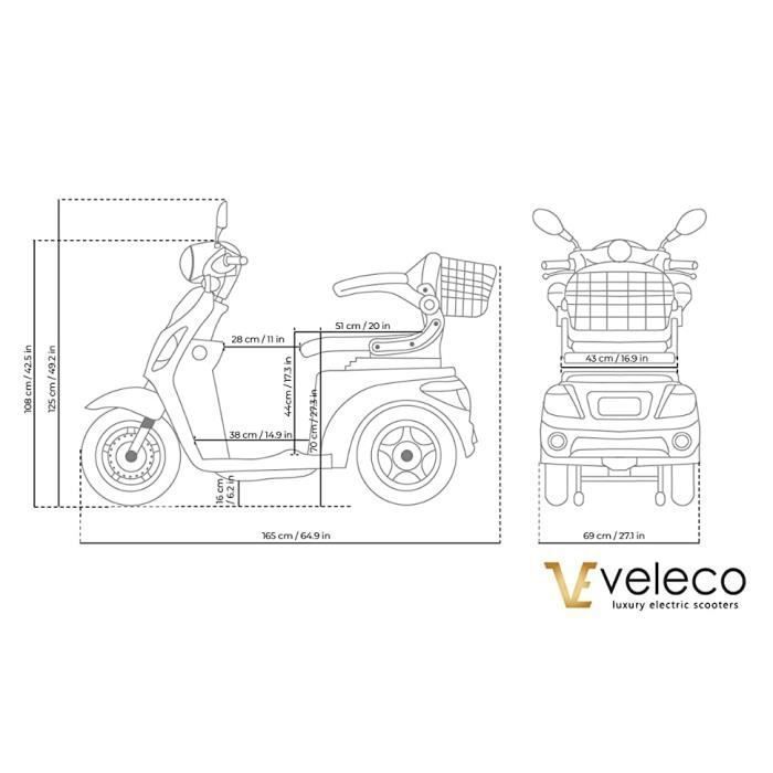 VELECO ZT15 Tricycle électrique Mobilité/Loisirs Scooter Senior Handicapé Affichage numérique Panier (Bleu)
