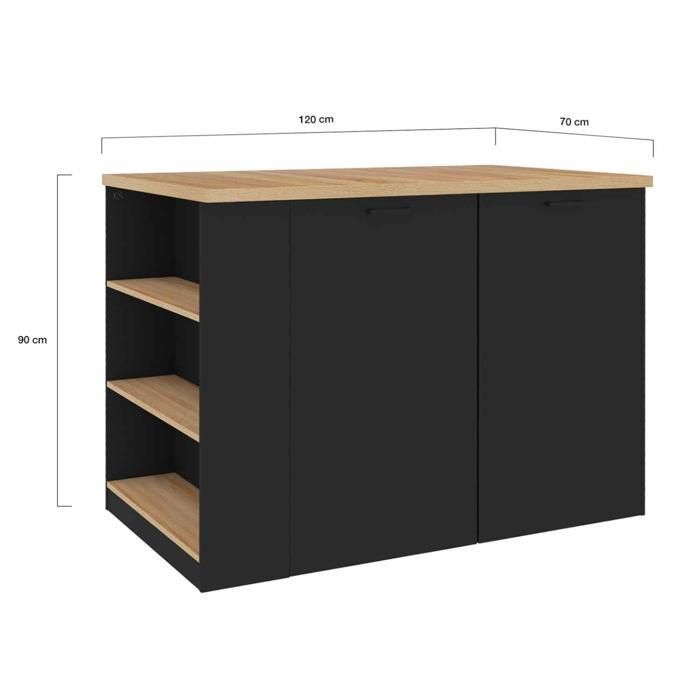 IDMARKET Ilot central TIBO 120 cm bois noir avec plan de travail façon hêtre