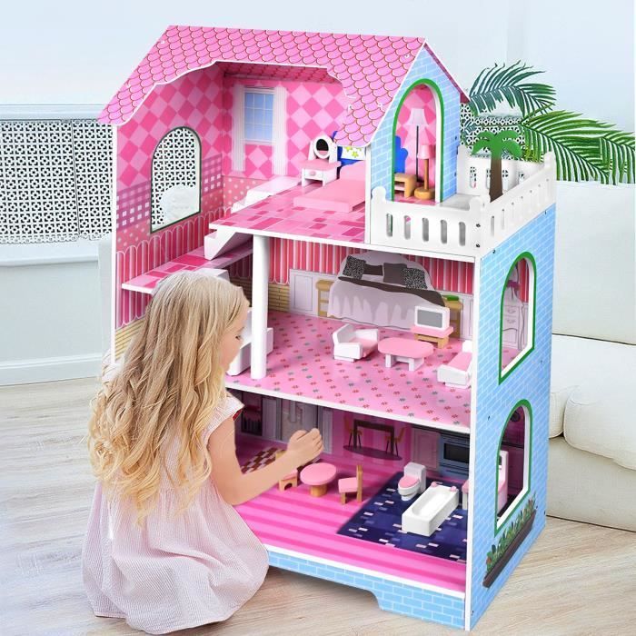 Casa de muñecas - LILIIN - 3 niveles - 11 piezas - Multicolor - MDF de alta calidad