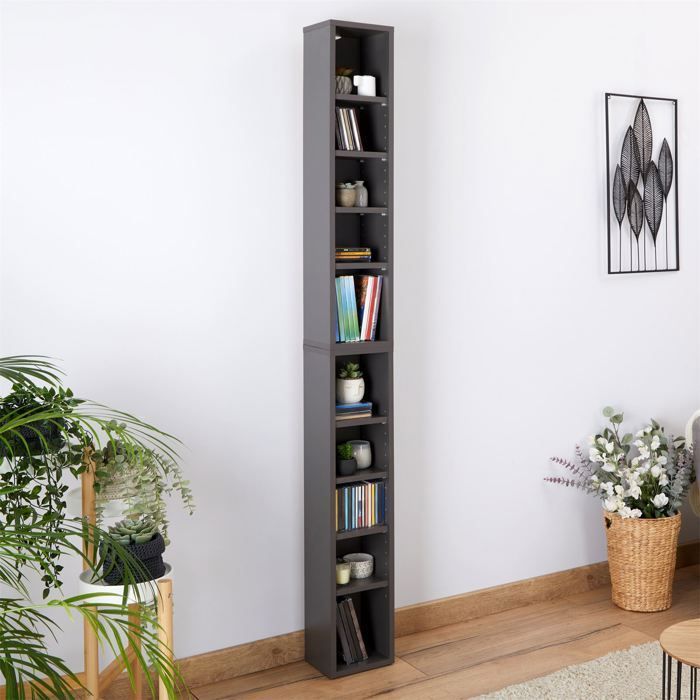 MUSIC modular shelving for CDs and DVDs, set of 2 column storage units with 10 compartments, in matte grey melamine