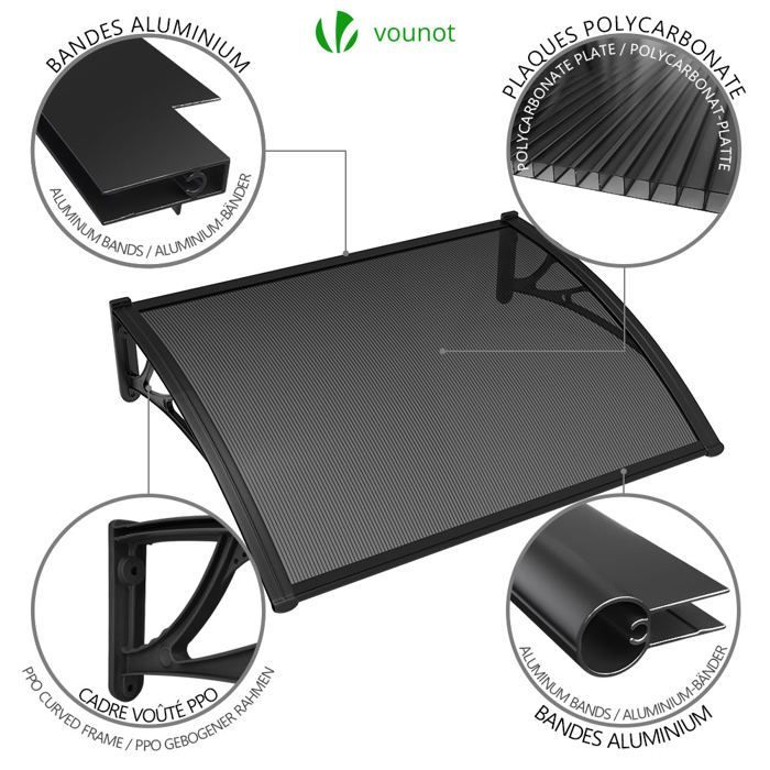 Marquesina para puerta de entrada VOUNOT® 100x80cm - Policarbonato - Resistente a los rayos UV - Antracita