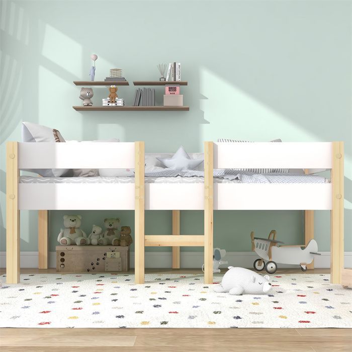 Lit enfant mi-hauteur 90x190 cm en pin massif blanc et chêne avec barrière anti-chute