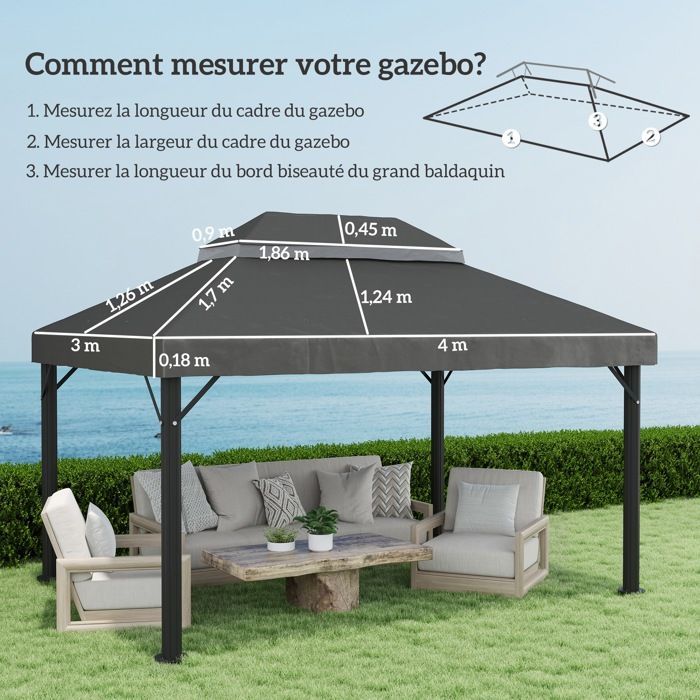 Toile de rechange pour pavillon toile de tonnelle 4 x 3 m - Outsunny - double toit avec trous de drainage, polyester 370 g/m² - gris