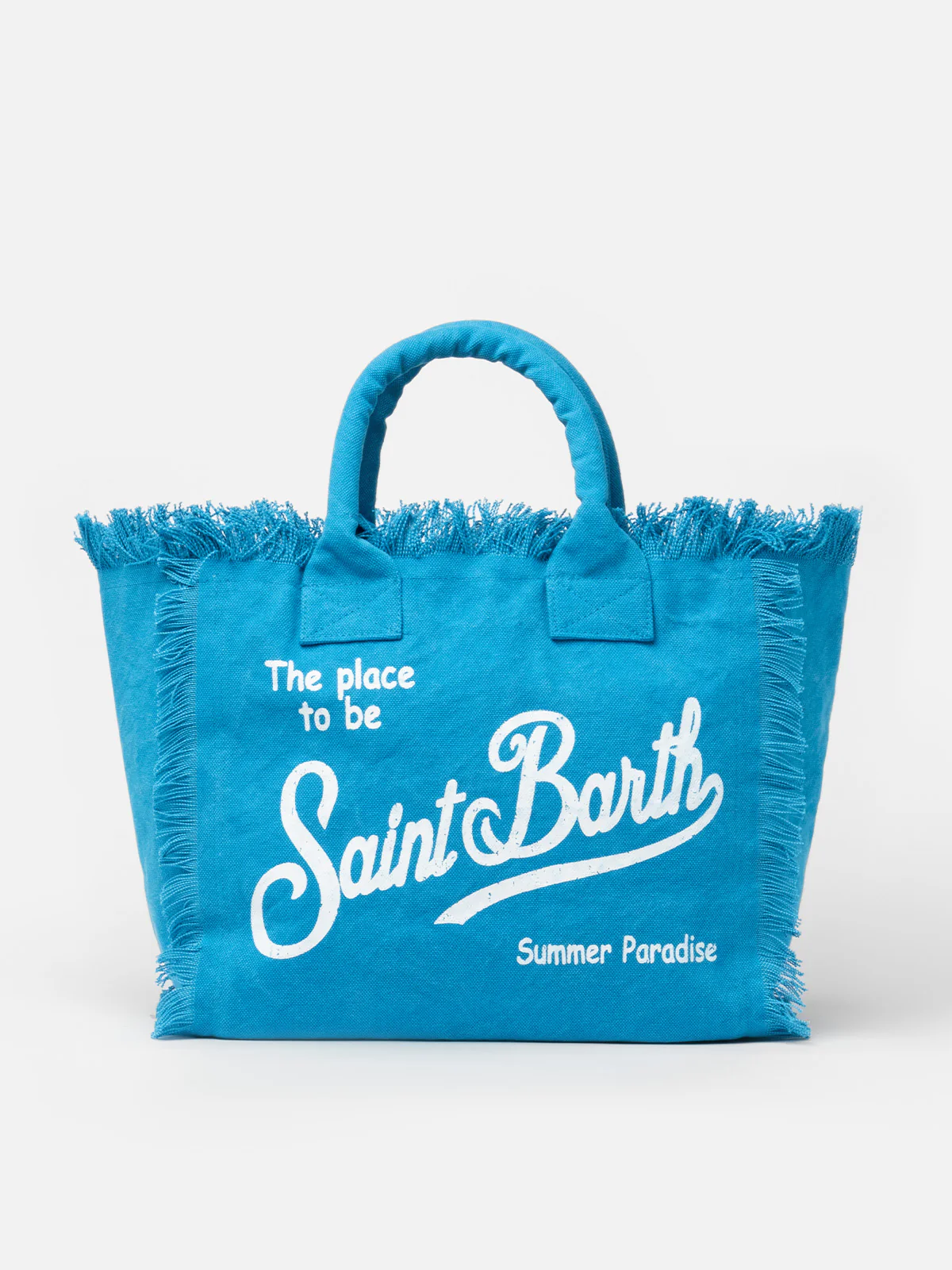 Vanity Cotton Canvas Fringed Tote Bag - Light Blue with Saint Barth Printed Logo & Zip Pocket | MC2 Saint Barth