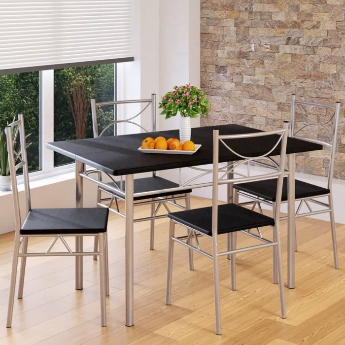 Paul 5-Piece Black Dining Set: 1 Table, 4 Chairs, MDF, Lacquered Metal Frame. Elegant Design.