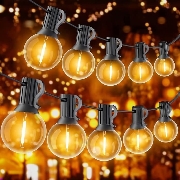 Guirnalda de luces LED para exteriores de 30 m con 50 bombillas de plástico impermeables E12 G40 para jardín, patio o terraza.