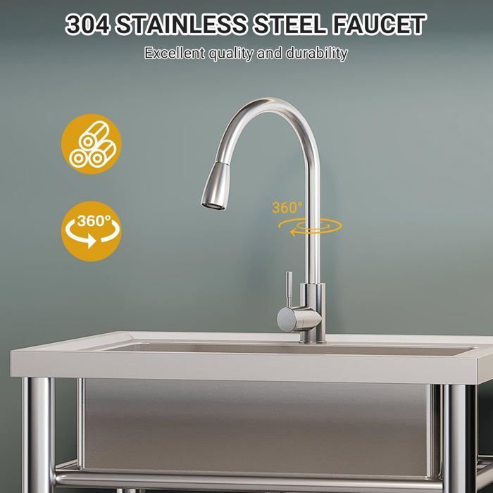 Évier Cuisine 1 Bac avec Établi Acier Inoxydable sur Pied, Cuve avec Chaud/Froid Robinet, Égouttoir pour Cuisine 72 * 51 * 87 cm