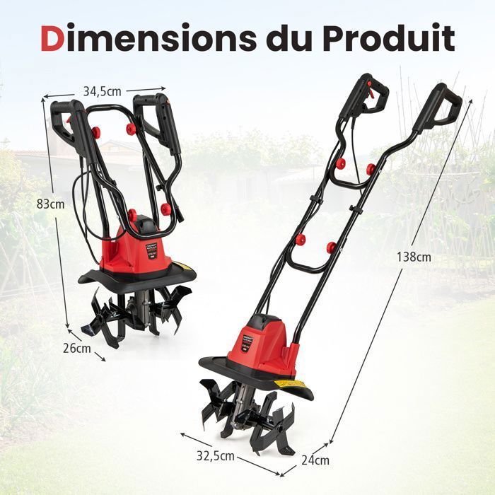 Motobineuse Motoculteur 750W COSTWAY-Largeur 32cm,Profondeur 22cm-Interrupteur de Sécurité-Bouclier-4 Fraises-Poignée Pliable-Rouge
