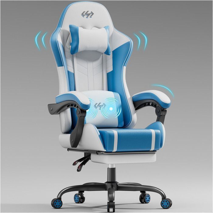 ECOFURNIX Fauteuil de Bureau Massant, Fauteuil Gaming Réglable avec Coussin de Massage Lombaire et Repose-Pieds, Blanc et Bleu