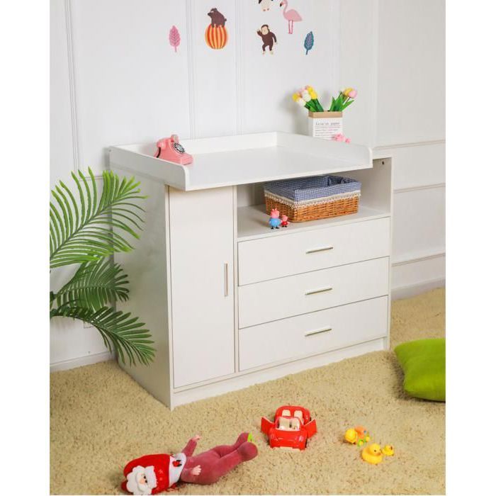 Fasciatoio in legno con superficie per il cambio, 3 cassetti, 1 anta, bianco, 113x100 cm, maniglie cromate.