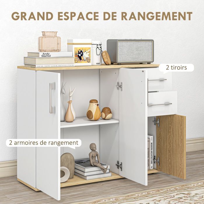 Buffet - HOMCOM - 3 portes, 2 tiroirs et étagère réglable - panneau de particules - 90 x 30 x 75,5 cm - blanc et bois naturel