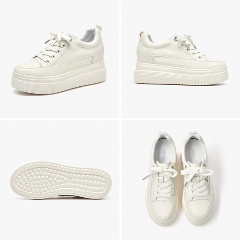 Baskets compensées pour femmes, en cuir de vachette véritable, bout rond, semelle épaisse, blanches, style décontracté, faites main, référence 29561