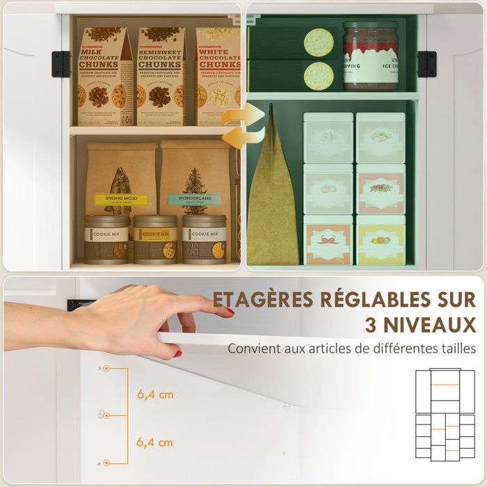 Aparador alto de cocina - HOMCOM - 4 puertas, 10 compartimentos, 8 especieros y estantes ajustables - MDF - 60x35x162cm - blanco