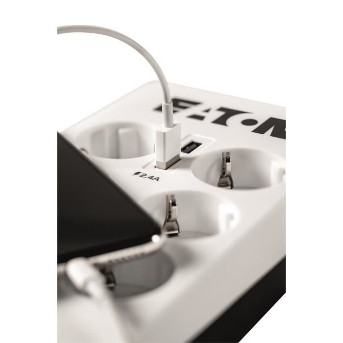 Skjøteledning/overspenningsvern - EATON Protection Box 6 Tel USB FR - PB6TUF - 6 franske stikkontakter + 1 tel/RJ-kontakt + 2 USB-porter - Hvit og svart