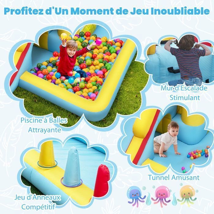 DREAMADE Château Gonflable Enfants avec Toboggan, Zone de Saut, Tunnel, Panier de Basket, Fosse a Balles, Jeu de Lancer d'Anneaux