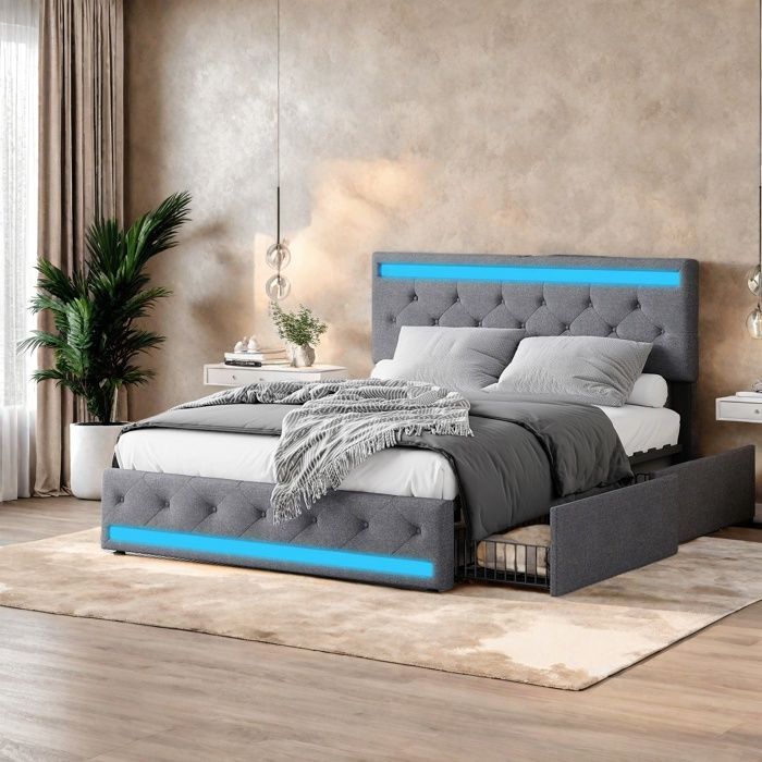 Lit double 140x190 cm - TANANT - 4 tiroirs - Tissu en lin - LED et USB intégrés