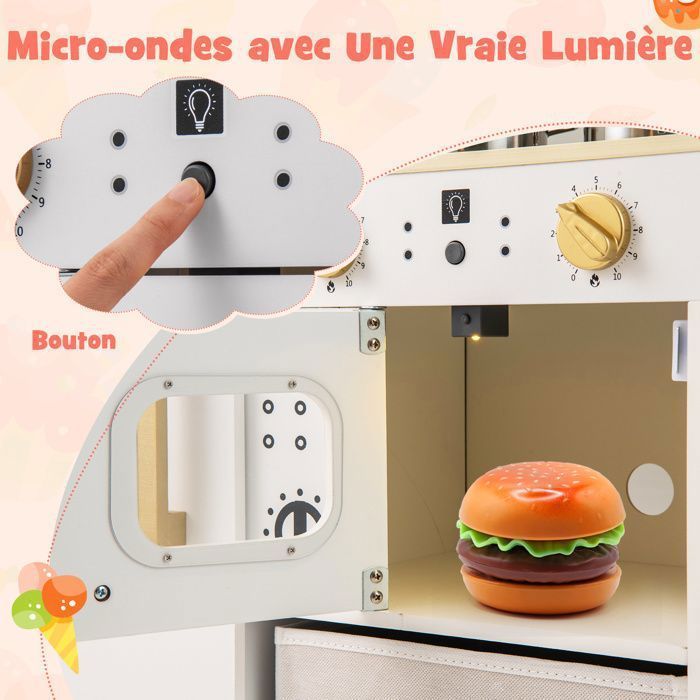 Cocina infantil COSTWAY para mayores de 3 años, 10 piezas con accesorios, efectos de luz y sonido, lavavajillas, microondas, pizarra...