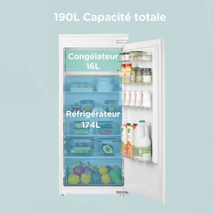Réfrigérateur 1 Porte Encastrable COMFEE - Intégrable - 190L(174+16) - Classe E - L54 cm x H123,3 cm x P55 cm - Blanc