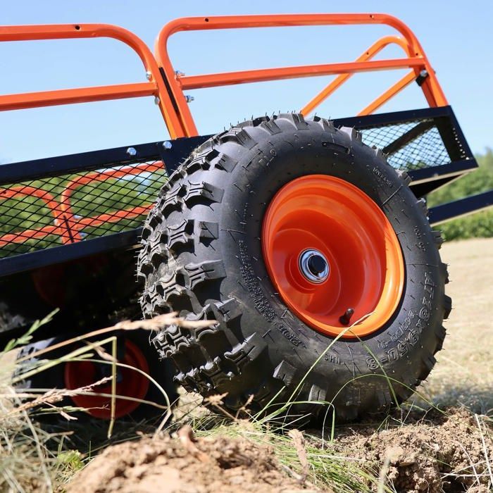 Remolque basculante Wiltec – 2159 x 1219 x 762 mm – Capacidad de 680 kg – Con rejilla y laterales desmontables – Para cortacésped autopropulsado/ATV