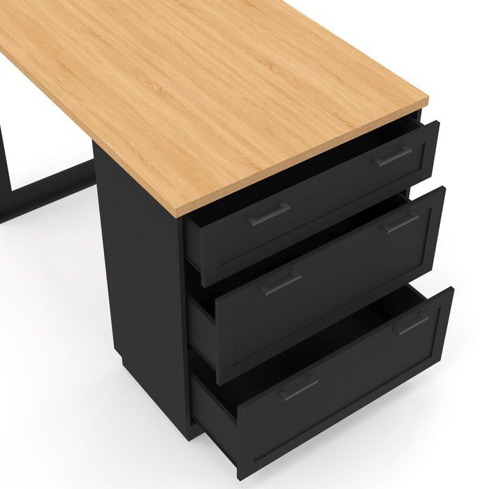 IDMARKET Ilot central mange-debout 4 personnes VITO 130 cm casserolier 3 tiroirs noir et plateau bois