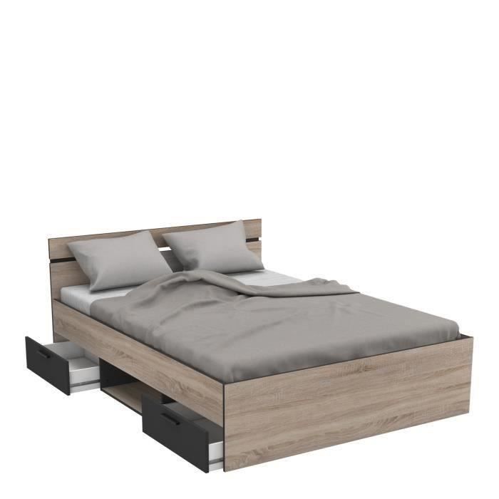 DEMEYERE Michigan Lit adulte 140x190 cm - 2 tiroirs et 1 niche - Industriel - Décor chêne brossé et noir