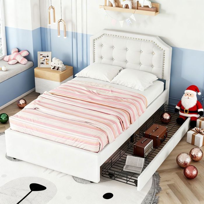 Cama individual de 90x200 cm para adultos con 2 cajones, cama de noche tapizada con remaches decorativos - SWEIKO - Beige claro