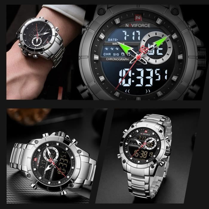 LINGYUE Hommes Double Affichage Quartz Led Montre En Acier Inoxydable Chronographe Hommes Montres - Argent