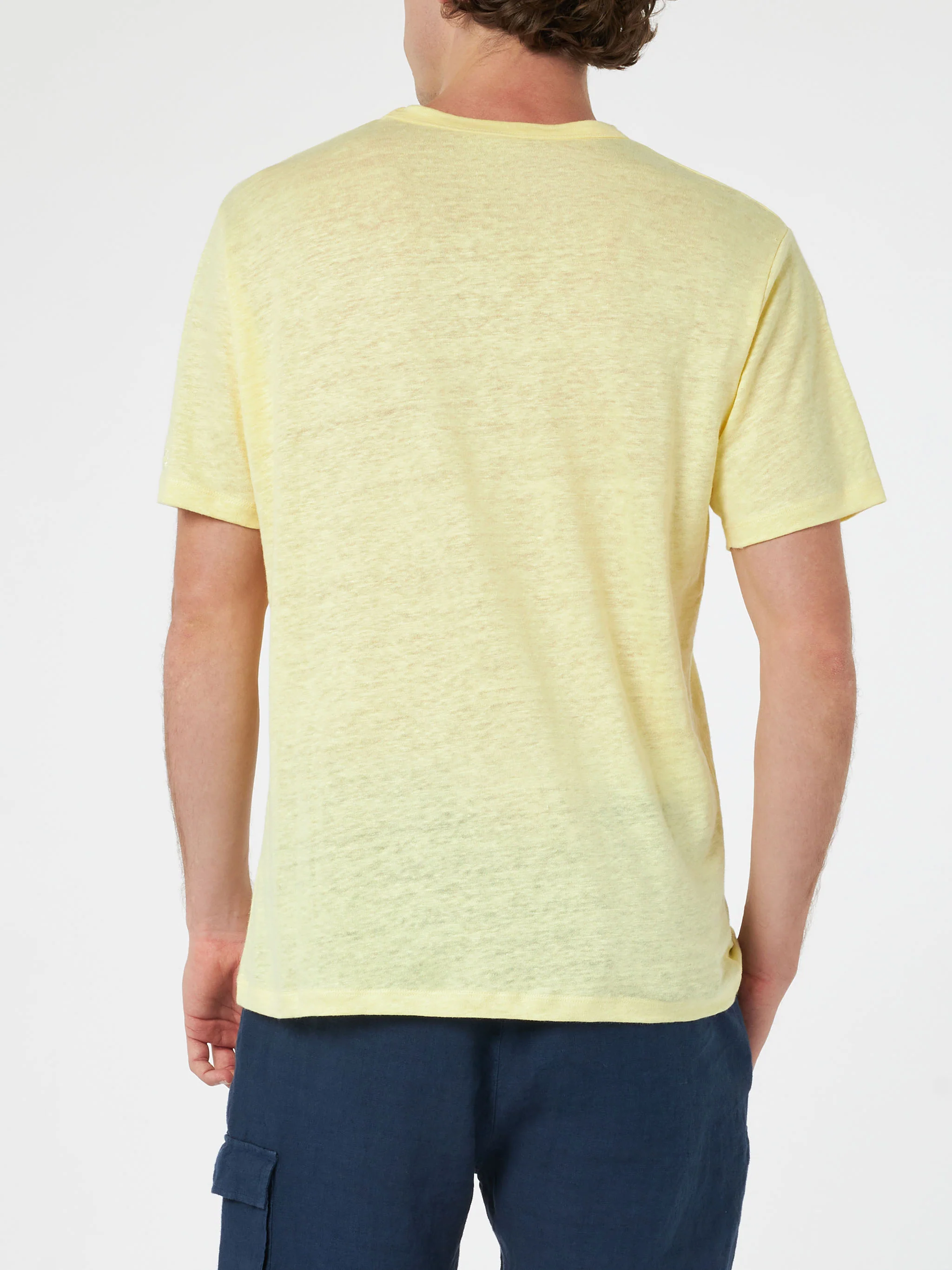 Ecstasea heren T-shirt van geel linnen met zakje