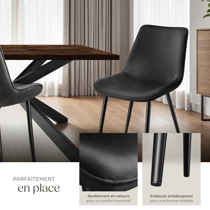Sillas - TECTAKE - Juego de 8 sillones MONROE con tapicería de aspecto aterciopelado, asiento ergonómico y patas de acero negro - Negro