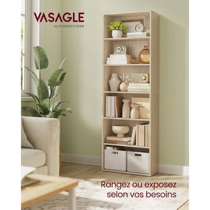 VASAGLE Boekenkast, 6-laags open schapunit, 24 x 60 x 178,5 cm, voor woonkamer, kantoor, beige