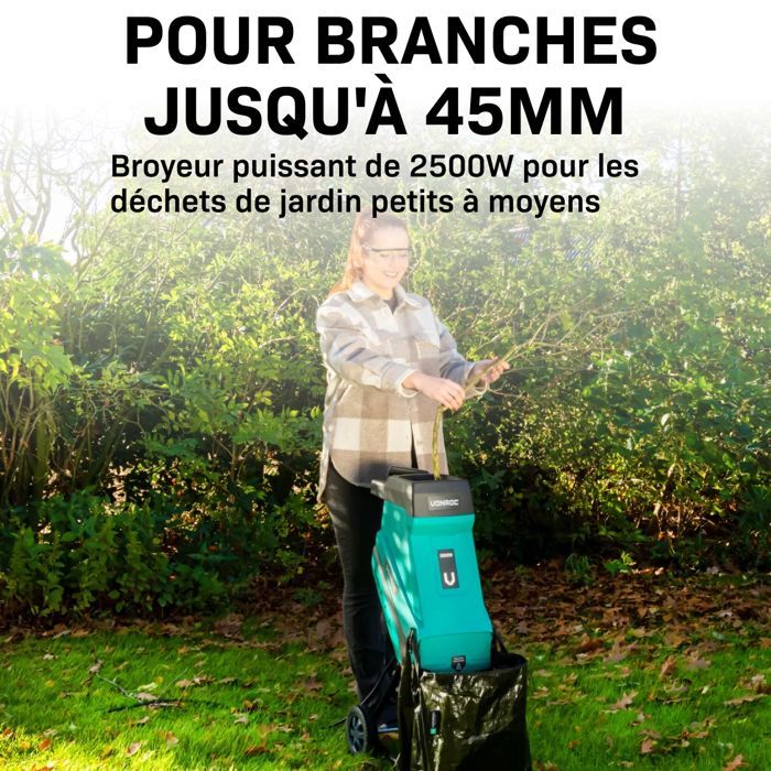 Trituradora de jardín de 2500 W – Para ramas de hasta Ø45 mm – Incluye contenedor de recogida de 45 L y empujador.