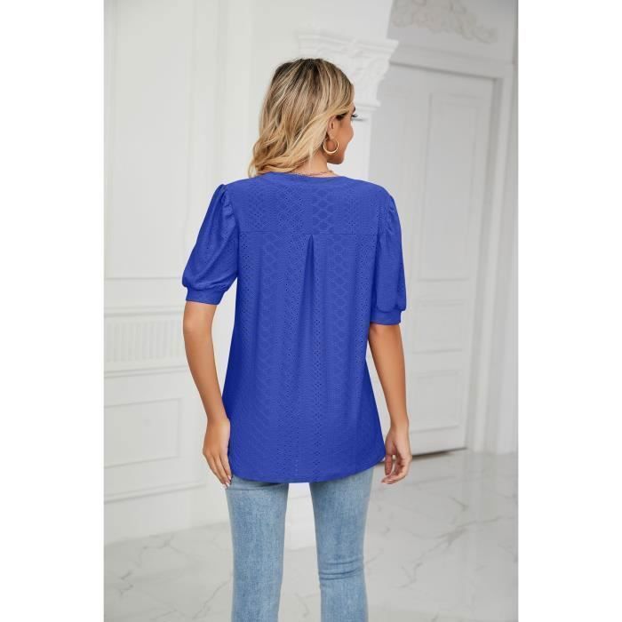 T-shirt Femme Col V Manches courtes Ciselé - Bleu - INSFITY - 65% Rayonne, 30% Polyester, 5% Elasthanne