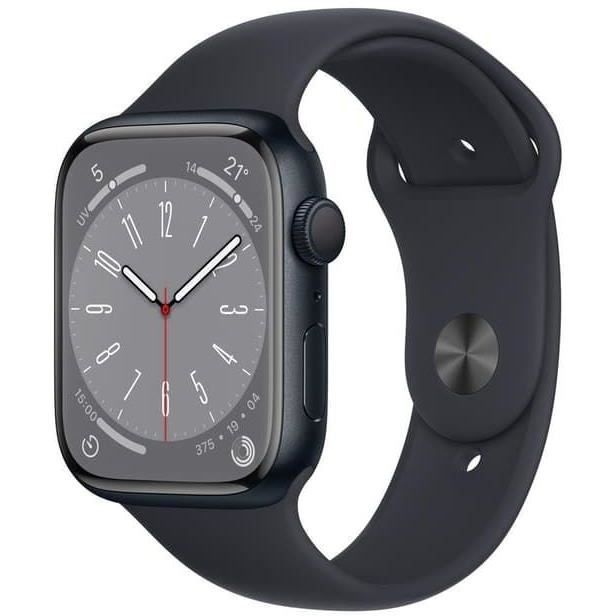 Apple Watch (Serie 8) 2022 GPS 45mm - Midnight Aluminium - Zwarte Sportband - Gereviseerd - In zeer goede staat