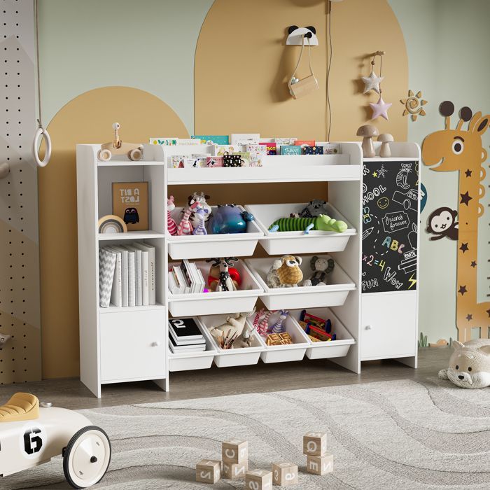 Estante de quatro prateleiras, prateleira de armazenamento infantil, unidade de armazenamento de madeira com portas, para brinquedos e livros.