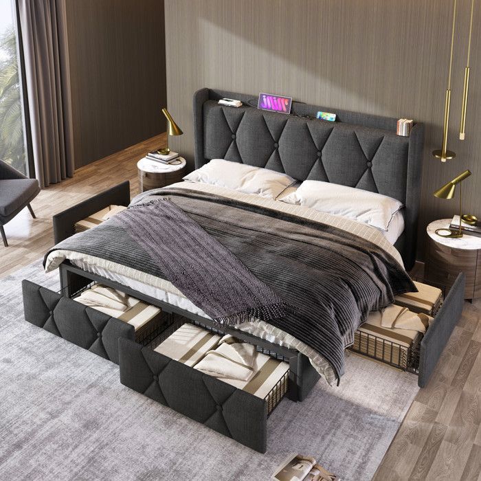 Lit double - Gris - 140x200cm - 4 tiroirs - Ports de recharge USB - Sommier à lattes