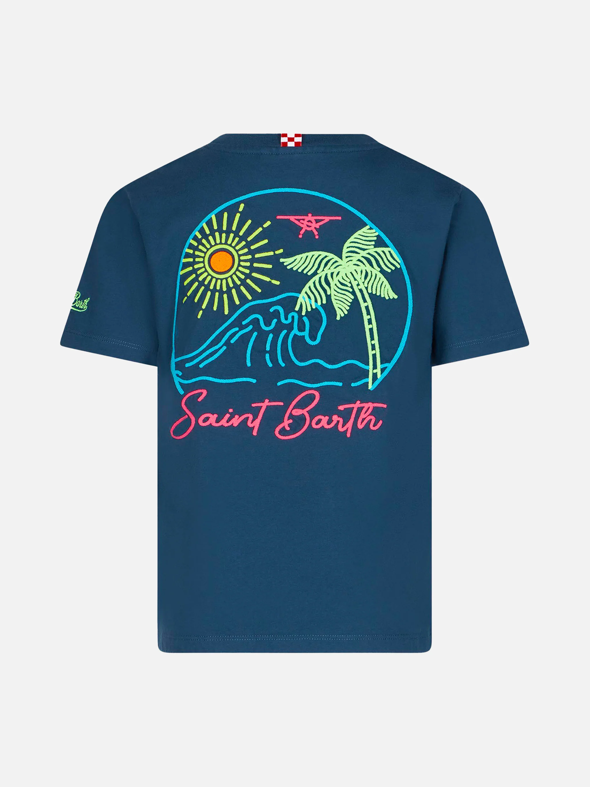 Blauw katoenen T-shirt voor jongens met een print van het strand van St. Barth.