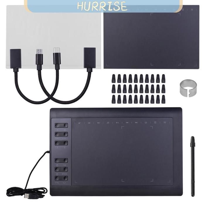 HURRISE Tablette de dessin graphiques Tablette de dessin graphique professionnel de 10 x 6 pouces 12 materiel Forfait Noir 3