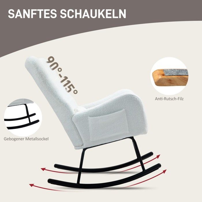Fauteuil À Bascule Peluche Blanc - Accoudoirs & Coussin Lombaire - Poche Latérale & Patins Bois - Salon&chambre&allaitement