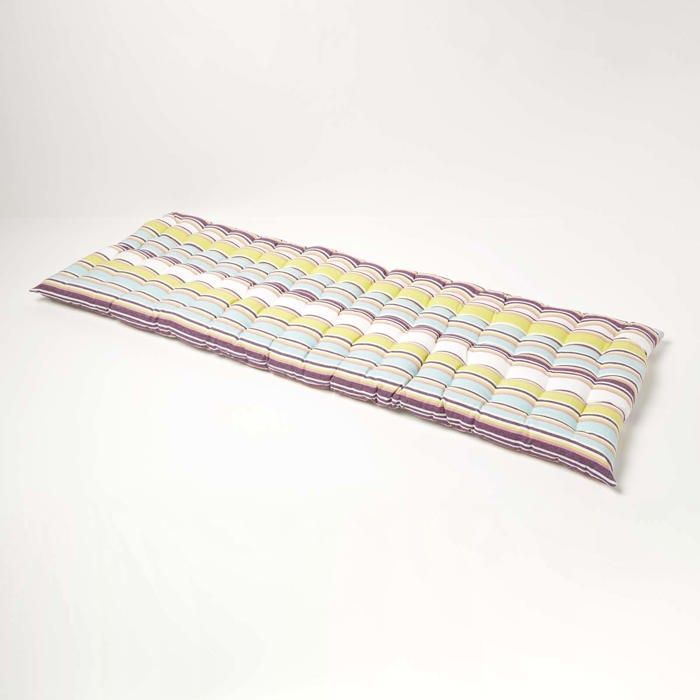 Coussin pour banc de jardin - HOMESCAPES – Rayures Osaka Vert – 143 x 48 x 5 cm – Matelas de sol – Coton et polyester – Extérieur