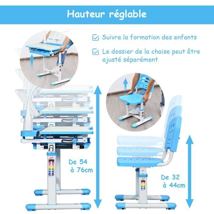 COSTWAY Ensemble Bureau et Chaise avec Lampe Enfants Inclinable 0-40° Hateur Réglable et Table à Dessin avec 1 Tiroir Bleu