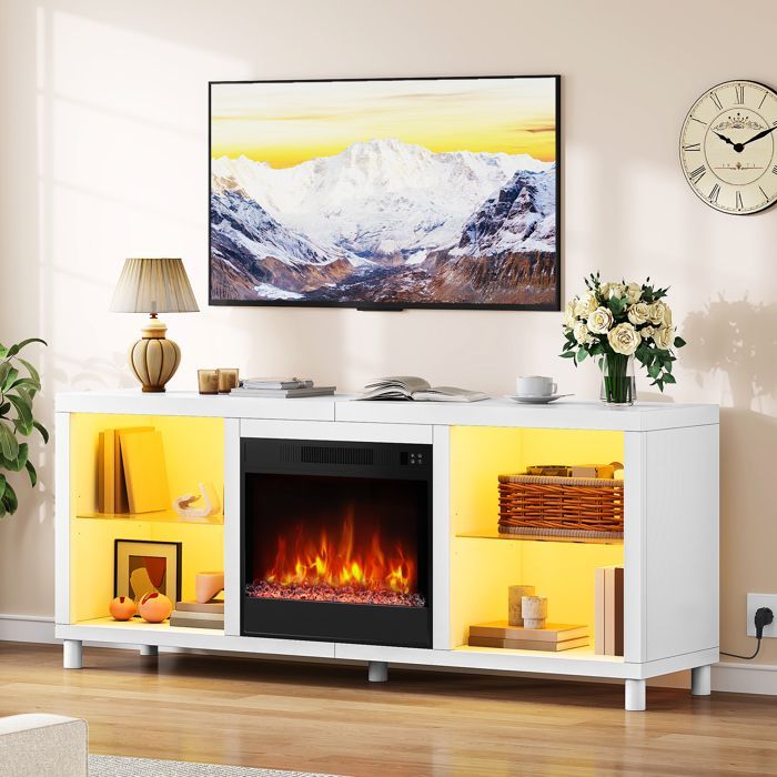 Cheminée électrique 148 cm avec chauffage Balconera- Effet flamme LED 3D - 1800 W - Télécommande - Blanch